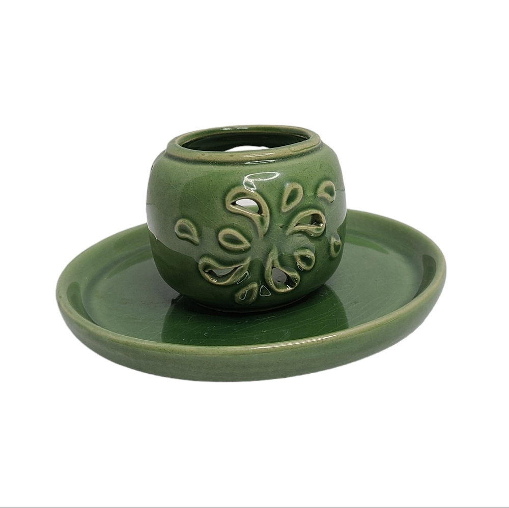 Ceramic Plate and Tea Light Votive Candle Holder Green Boho
